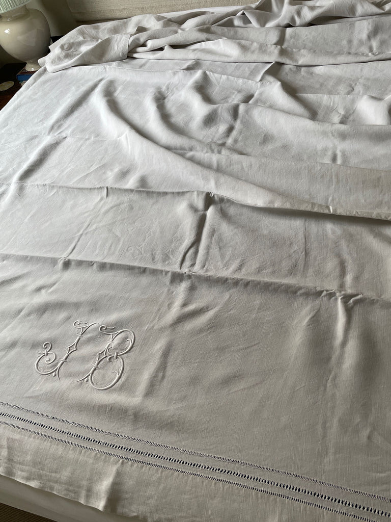 antique French linen sheet embroidered JB large bedspread, curtain or tablecloth excellent condition