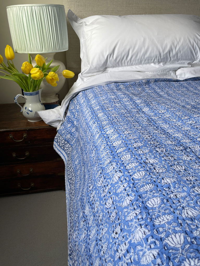 pretty blue bedspread blockprint kantha quilt fit king and superking cotton bedcover washable