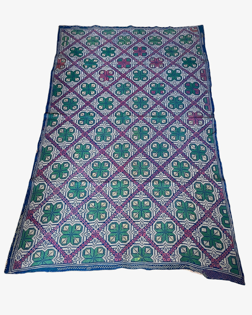 embroidered rug kantha carpet galicha geometric wall hanging blue green pink handmade 