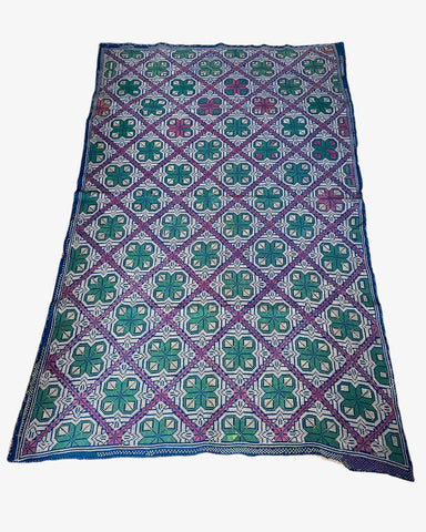 embroidered rug kantha carpet galicha geometric wall hanging blue green pink handmade 