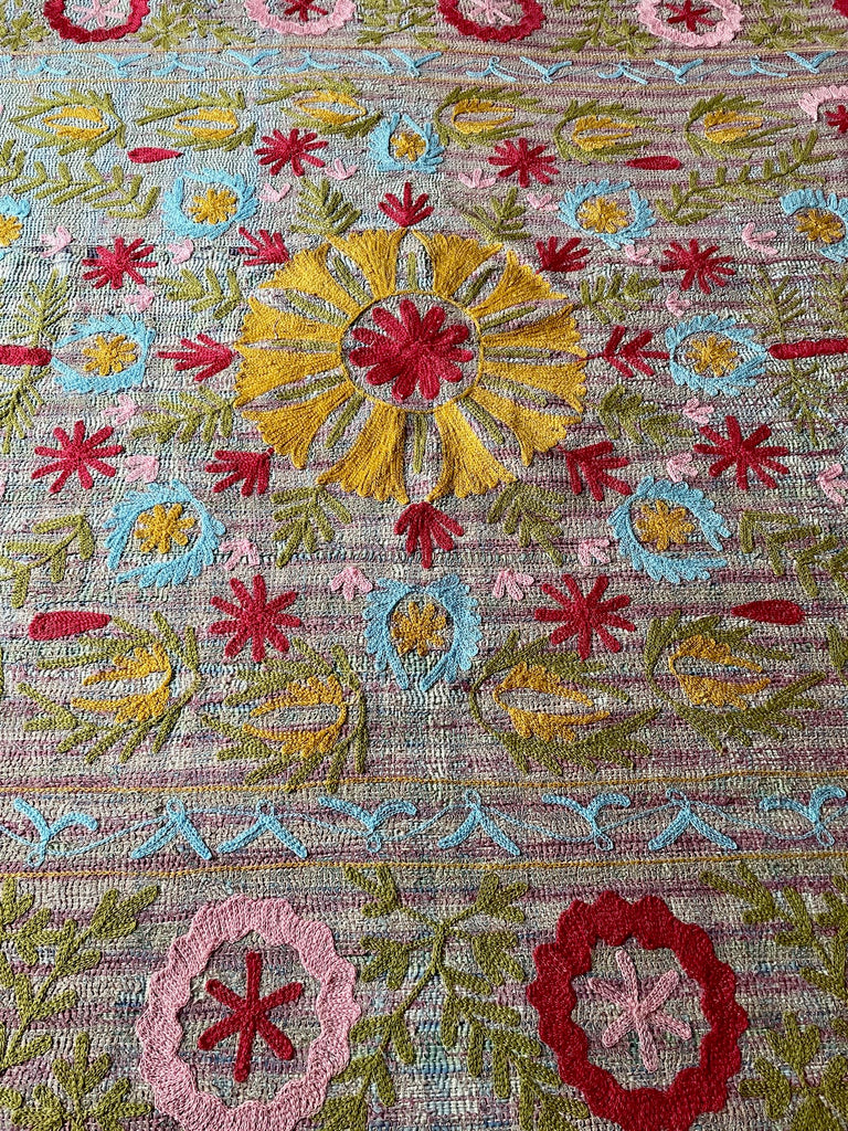 pale blue pink embroidered vintage kantha quilt bedcover bedspread suzani style sofa throw