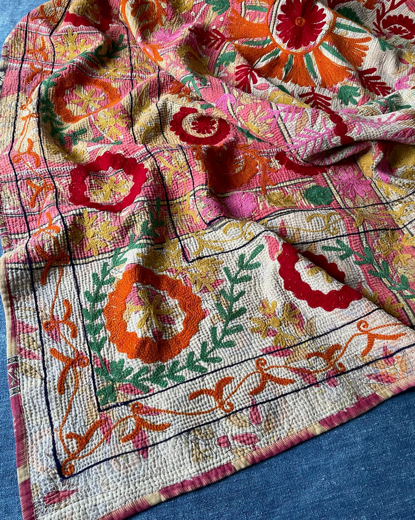 red pink orange bright vintage kantha quilt suzani embroidered bedspread sofa throw cotton comforter