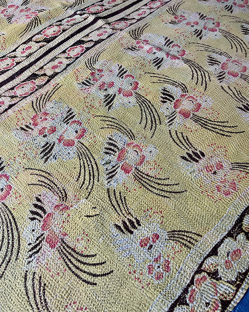 soft yellow floral vintage kantha quilt throw bedspread bedcover machine washable cotton