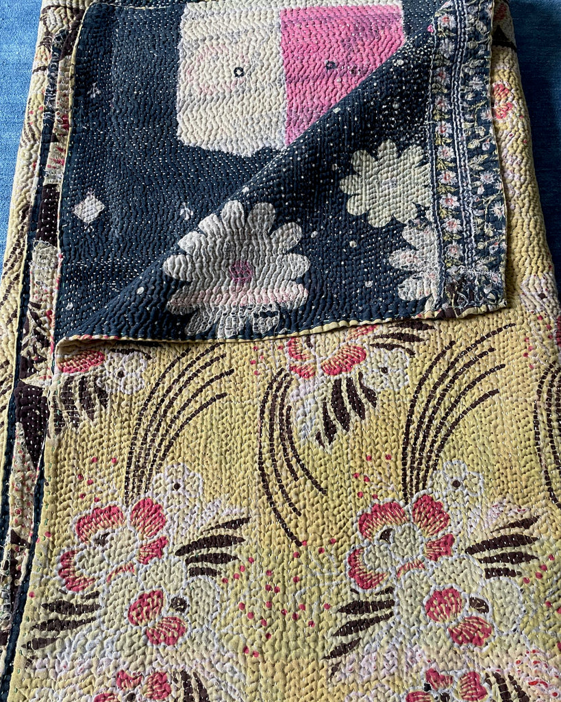 soft yellow floral vintage kantha quilt throw bedspread bedcover machine washable cotton