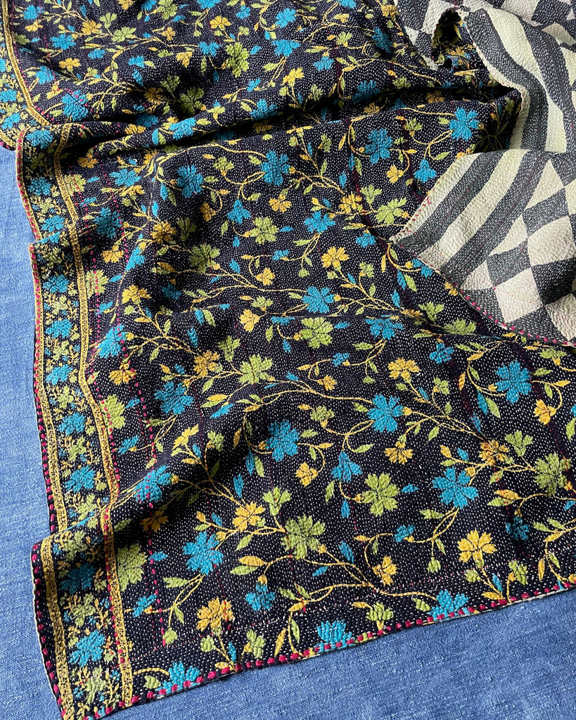 black blue yellow floral handmade kantha quilt bedspread cotton comforter reversible washable