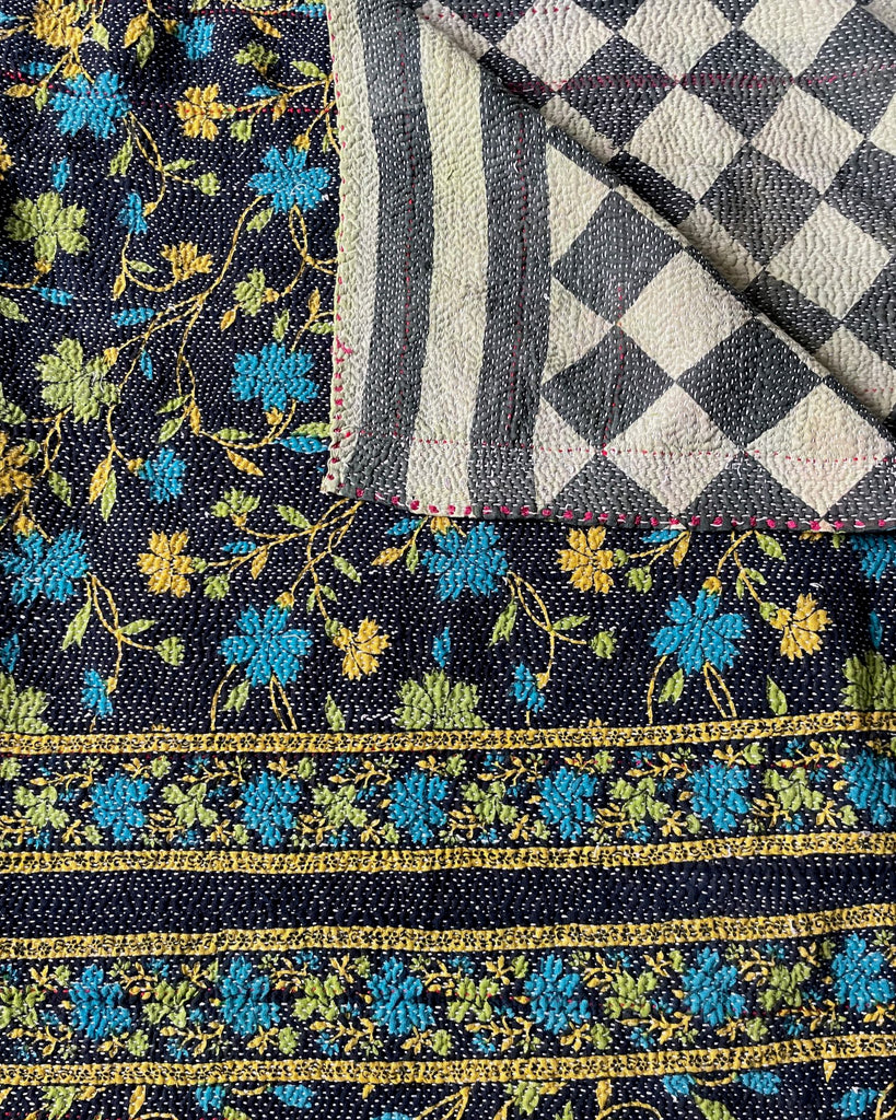black blue yellow floral handmade kantha quilt bedspread cotton comforter reversible washable