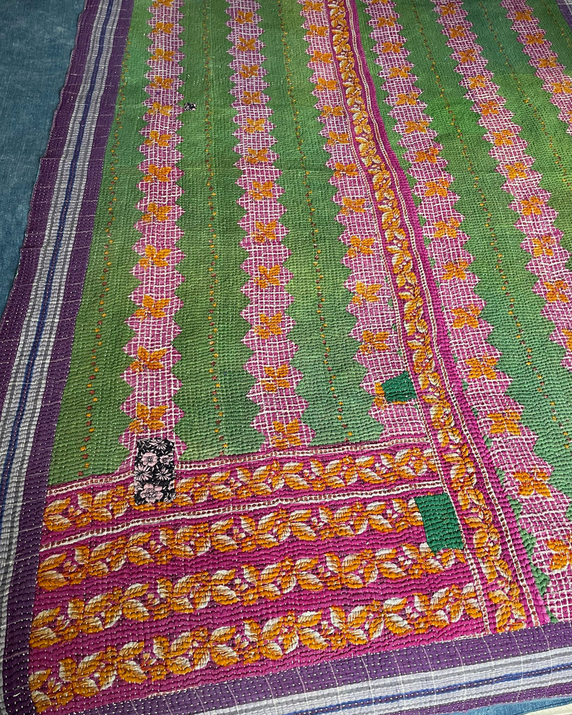  pink green orange kantha quilt bedspread cotton bedcover double washable sofa throw