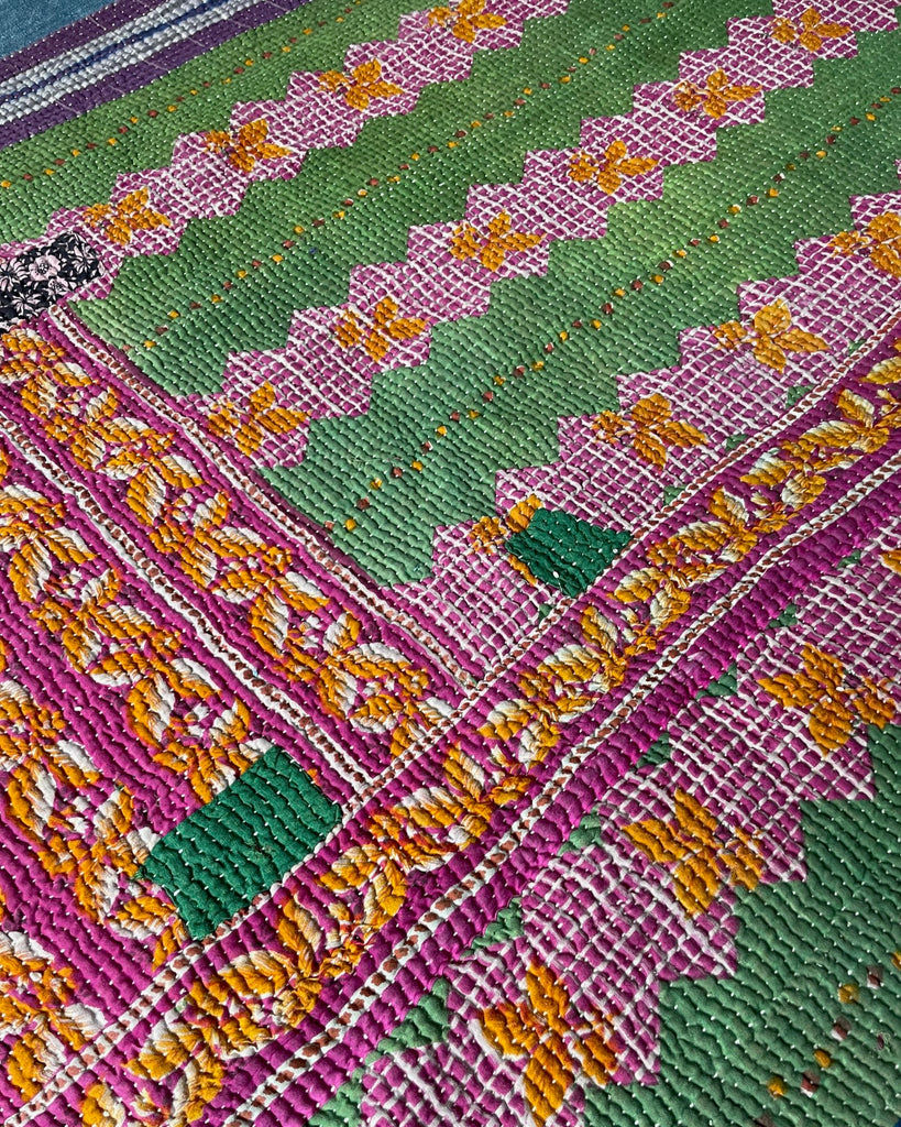  pink green orange kantha quilt bedspread cotton bedcover king washable sofa throw