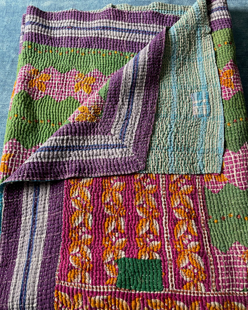  pink green orange kantha quilt bedspread cotton bedcover large washable sofa throw