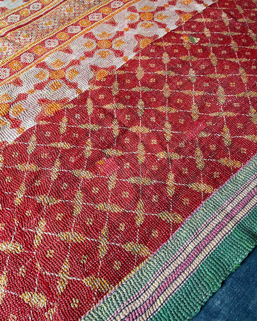 large colourful kantha quilt cotton bedspread hand made bedcover bright colours washable throw