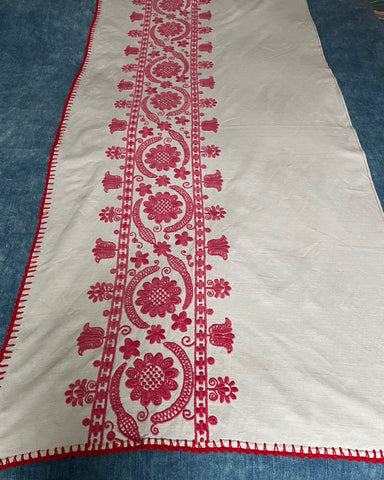 vintage embroidery irasos folk textile red  white flowers long wall hanging east european handmade