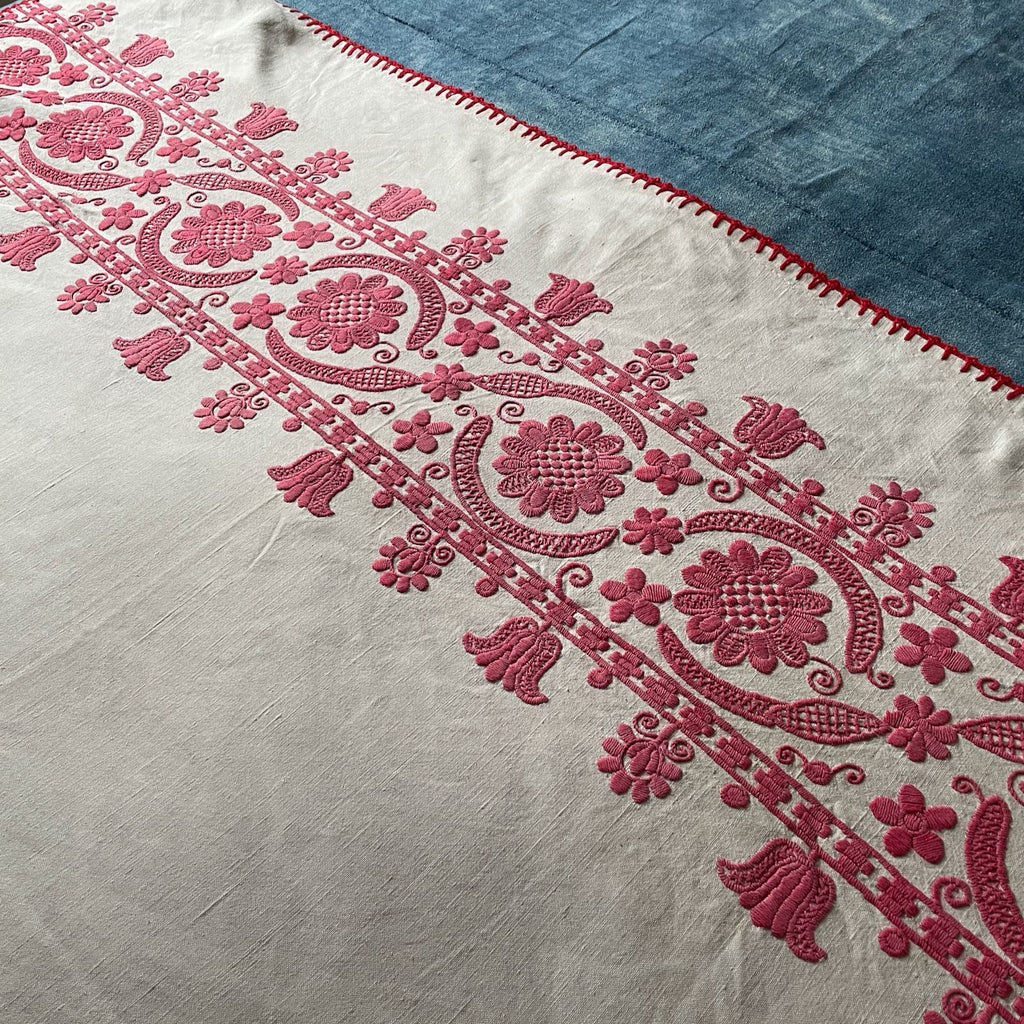 vintage embroidery irasos folk textile red  white flowers long wall hanging east european handmade