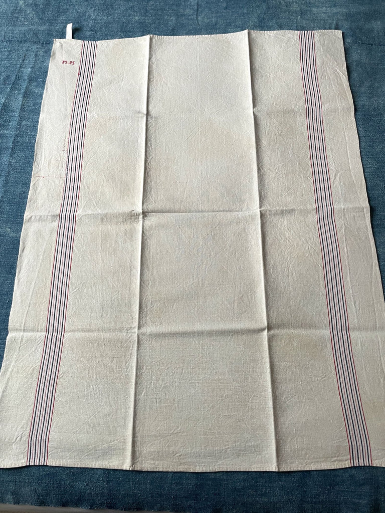 antique french linen dishcloth hand towel table linen red blue stripe kitchen tea towel torchon