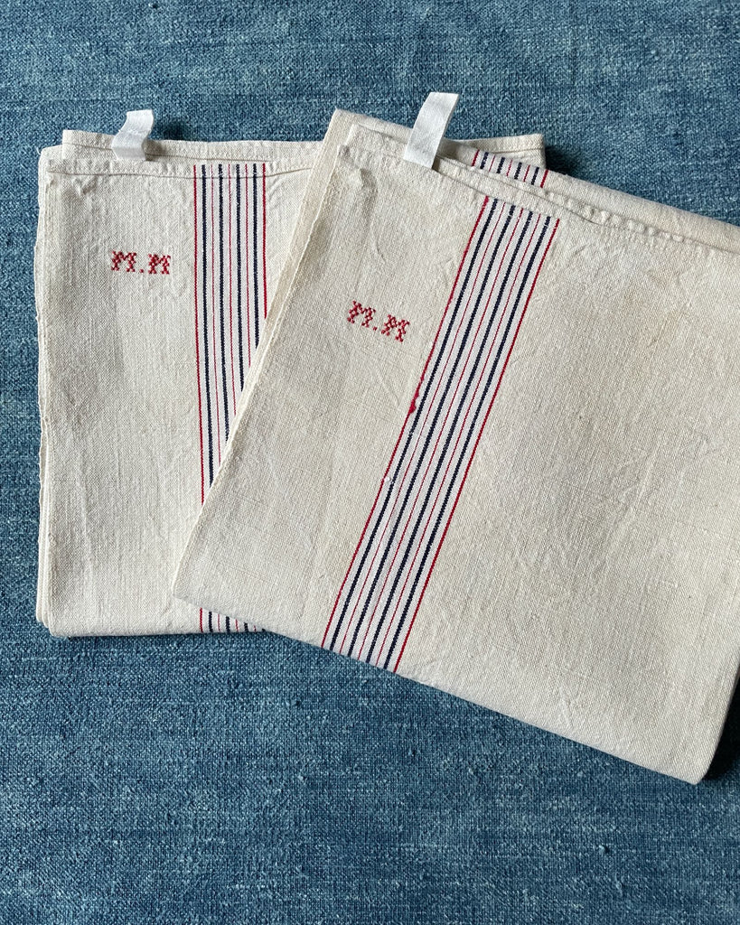 antique french linen dishcloth hand towel table linen red blue stripe kitchen tea towel torchon