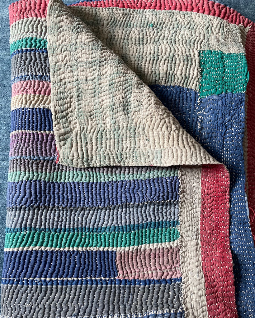 pink blue white striped quilt patchwork kantha hand made cotton bedspread sofa throw  single