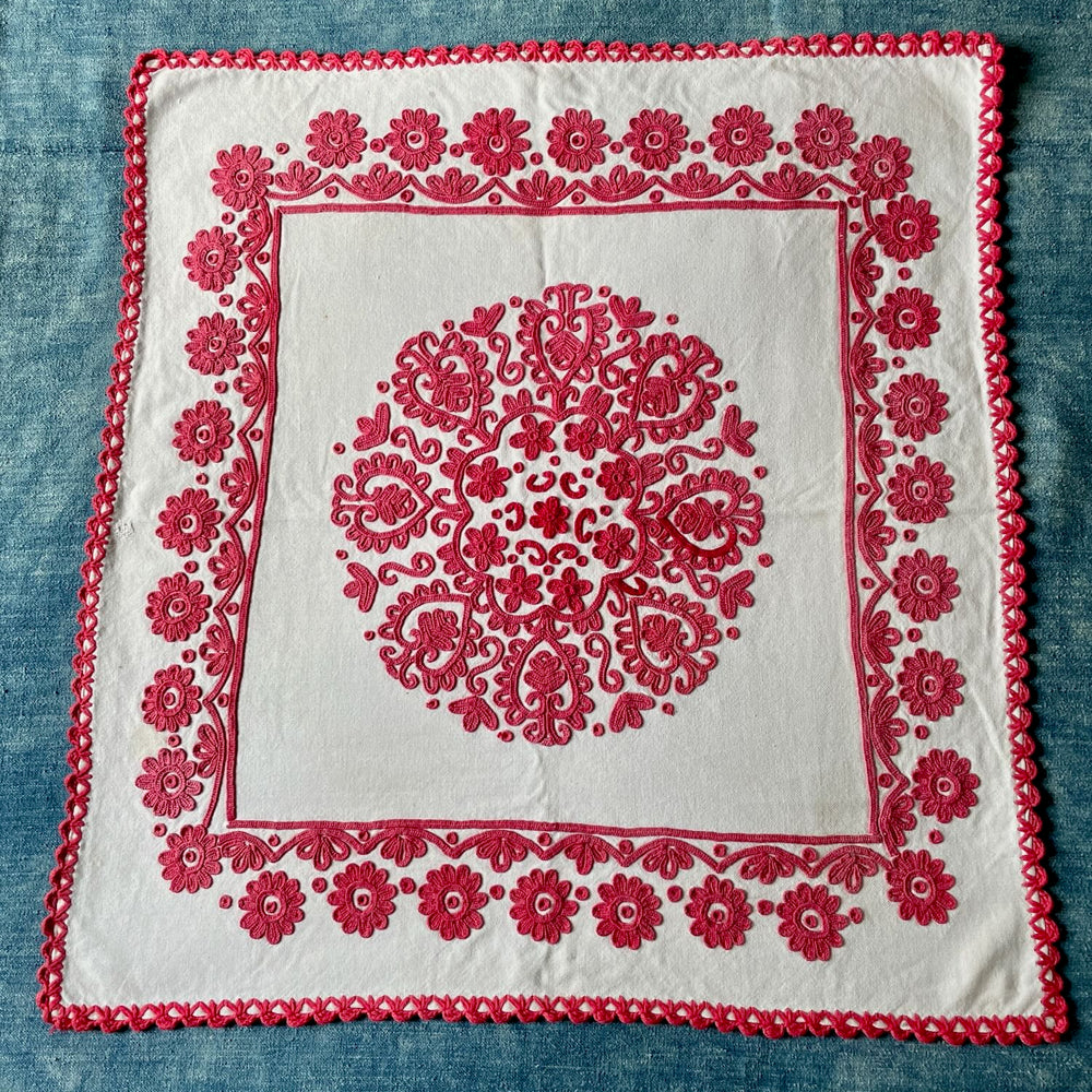 red white embroidered irasos wall hanging tablecloth vintage folk textile east europe hand stitched
