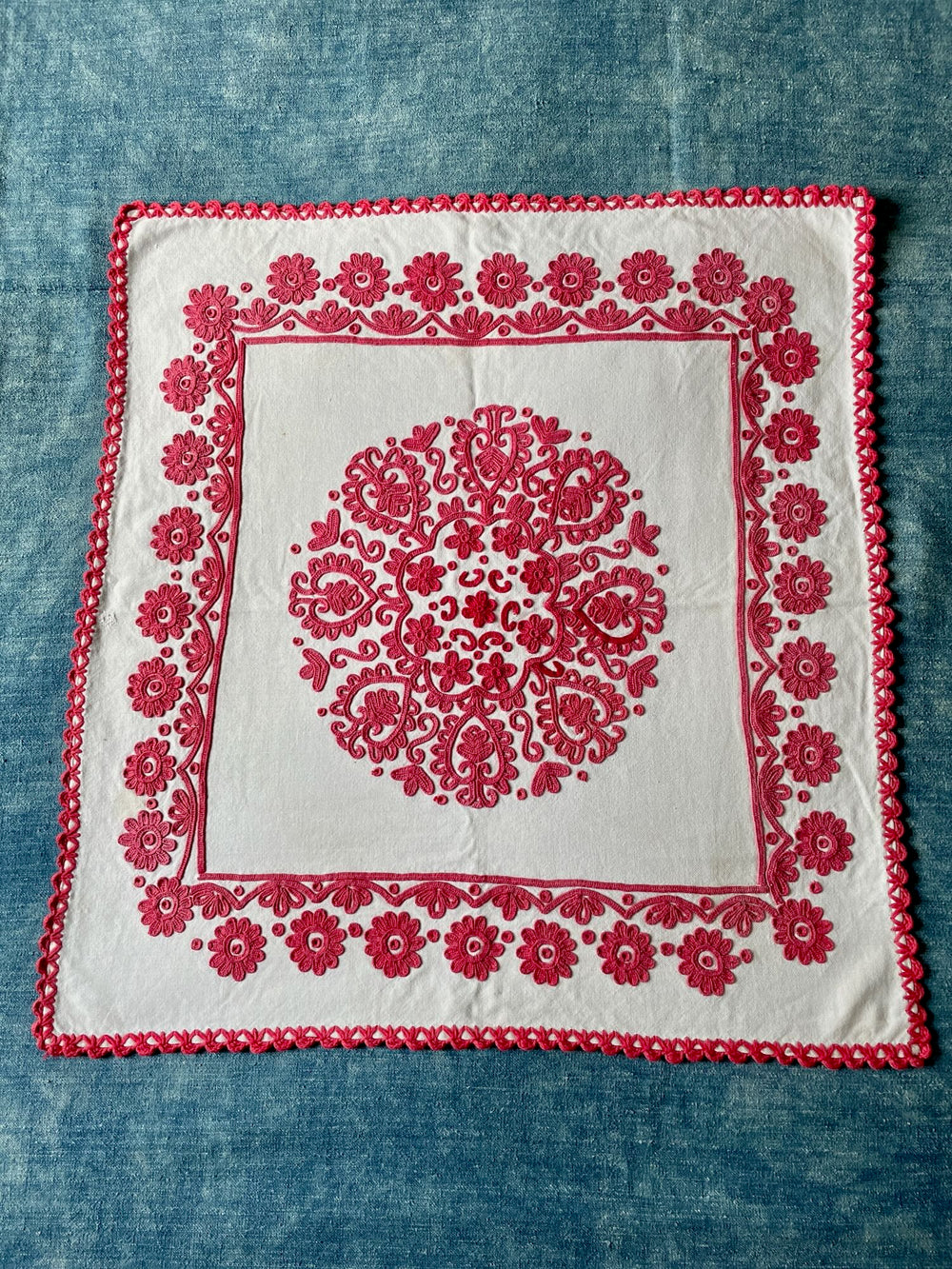 red white embroidered irasos wall hanging tablecloth vintage folk textile east europe hand stitched