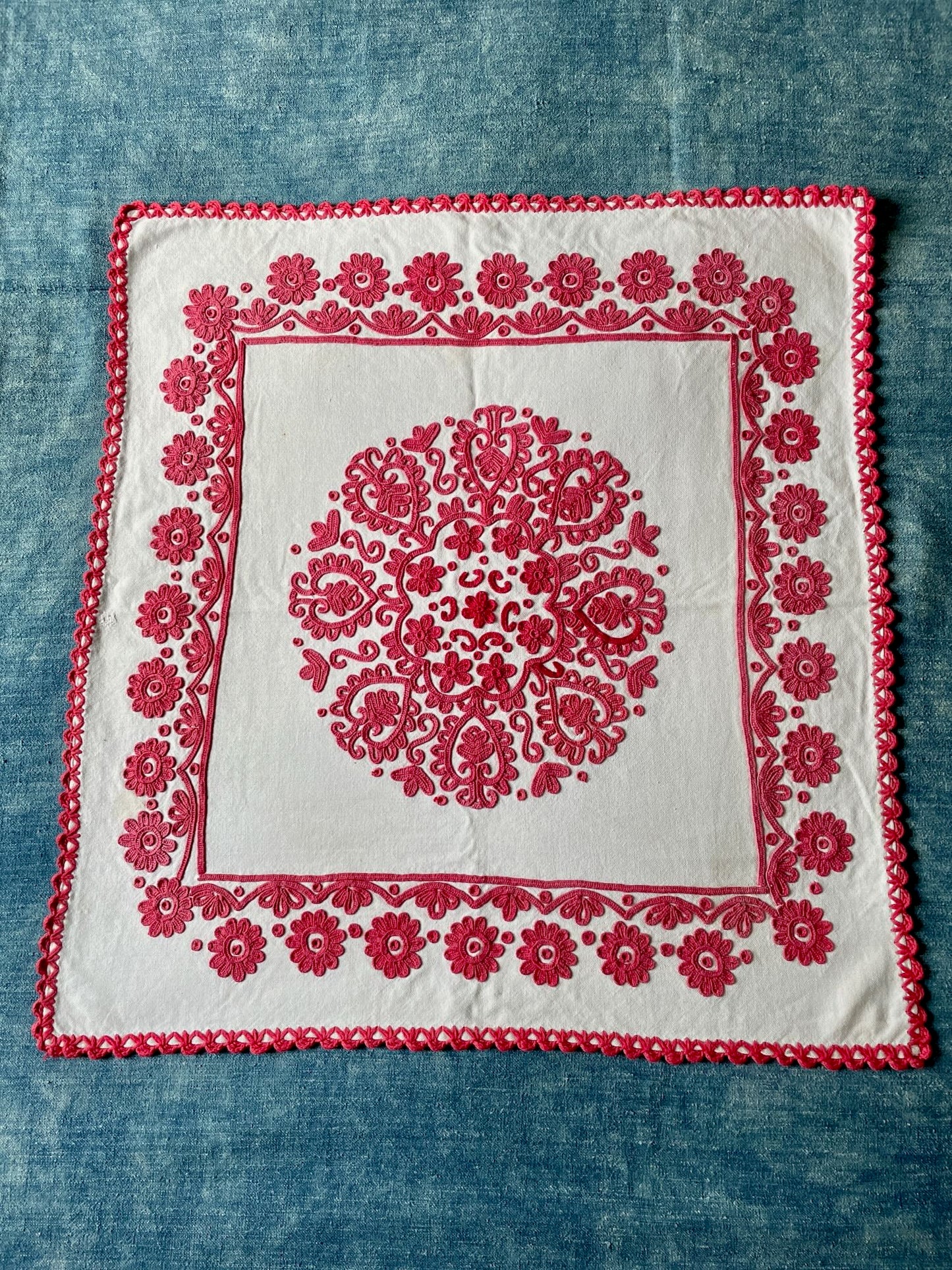 red white embroidered irasos wall hanging tablecloth vintage folk textile east europe hand stitched