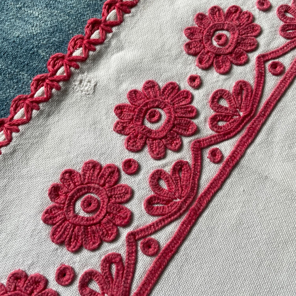 
                  
                    red white embroidered irasos wall hanging tablecloth vintage folk textile east europe hand stitched
                  
                