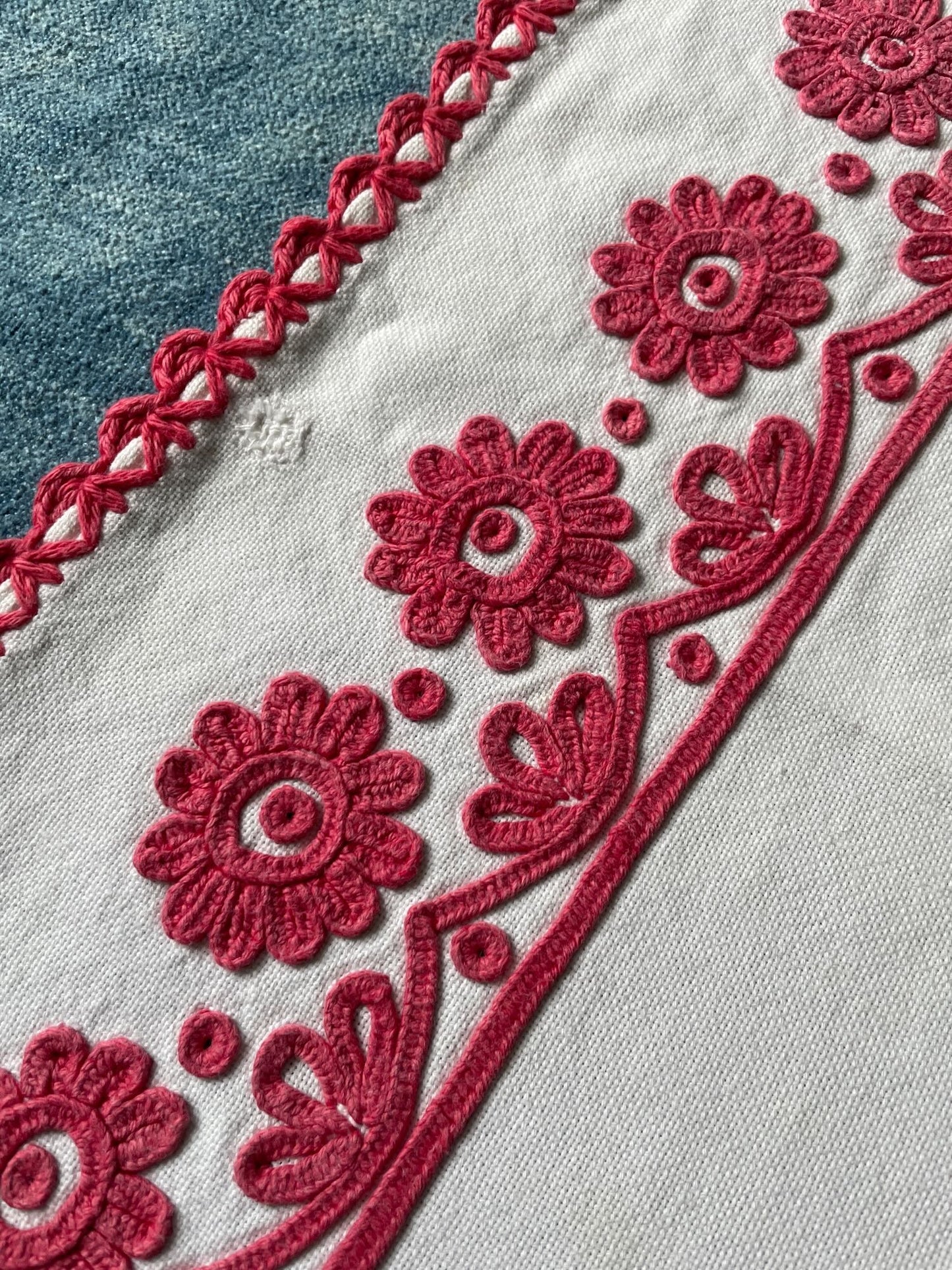 
                  
                    red white embroidered irasos wall hanging tablecloth vintage folk textile east europe hand stitched
                  
                