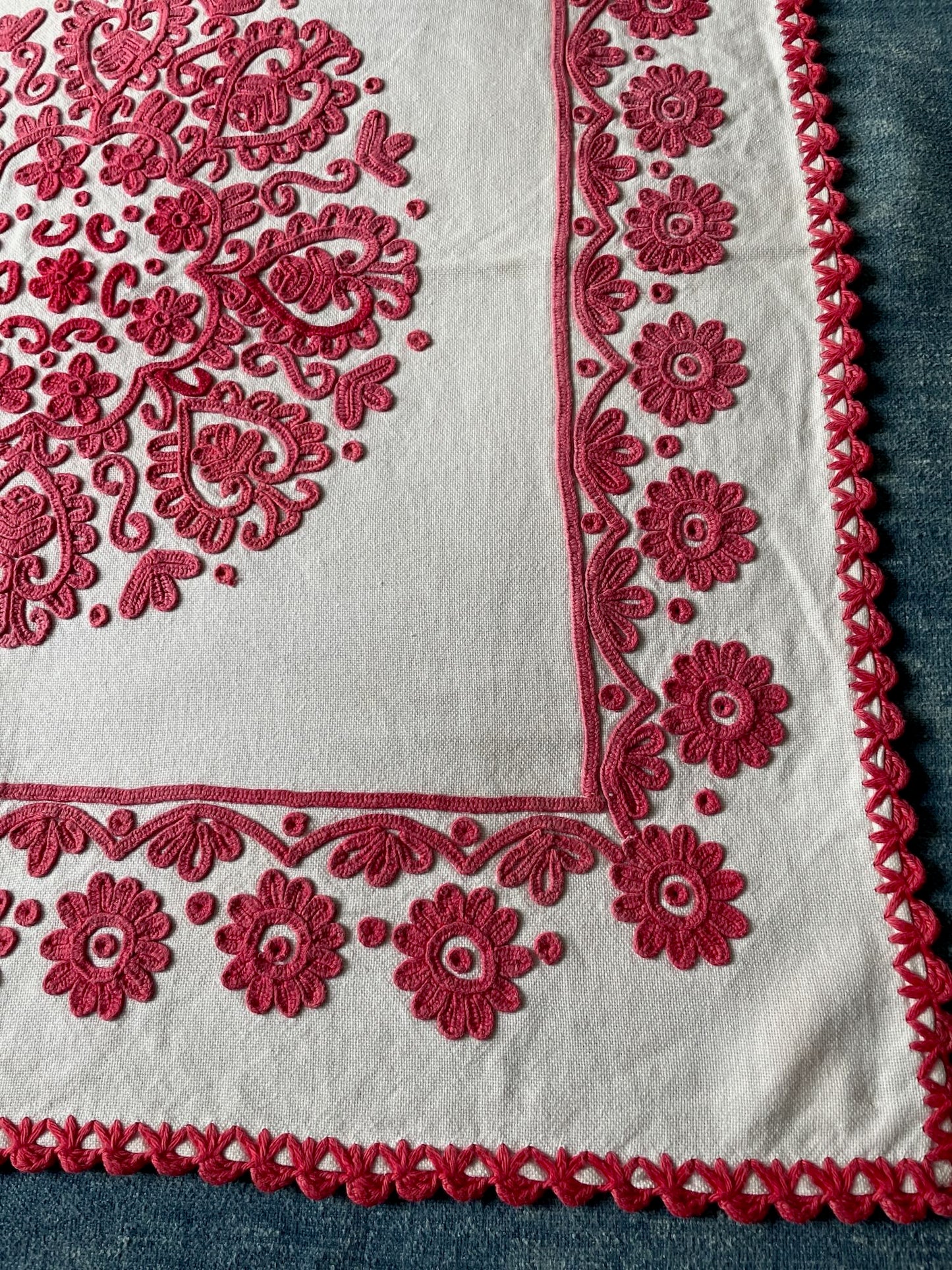 red white embroidered irasos wall hanging tablecloth vintage folk textile east europe hand stitched