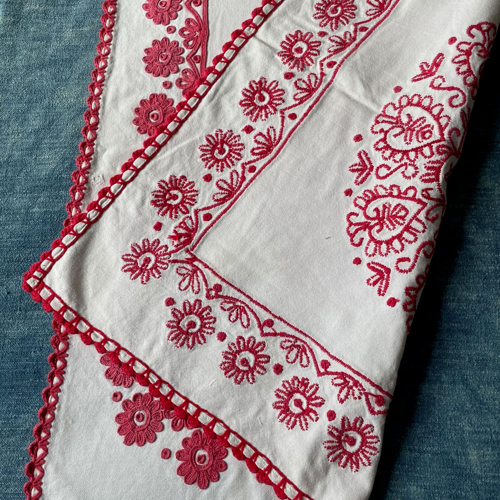 
                  
                    red white embroidered irasos wall hanging tablecloth vintage folk textile east europe hand stitched
                  
                