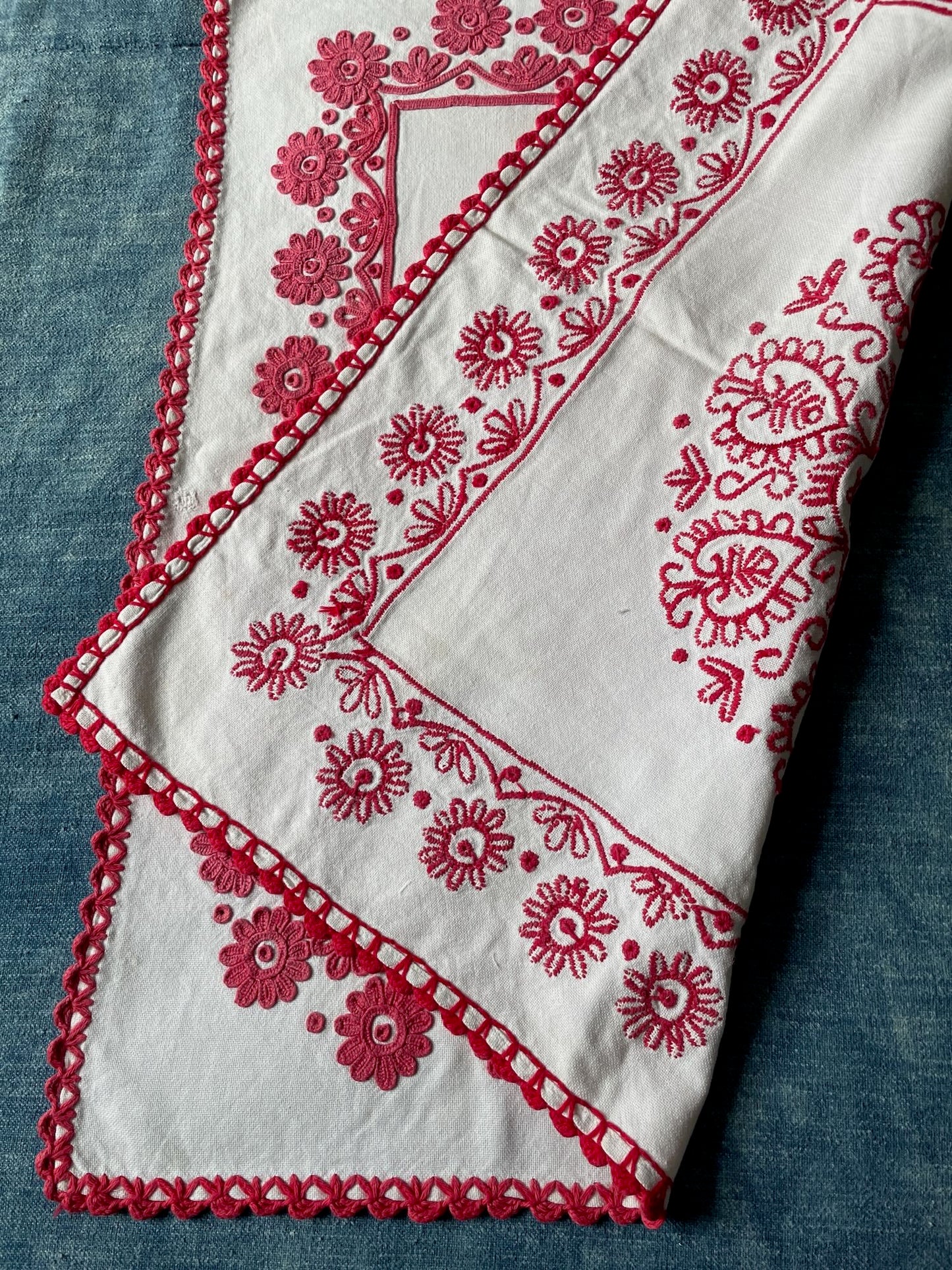 
                  
                    red white embroidered irasos wall hanging tablecloth vintage folk textile east europe hand stitched
                  
                