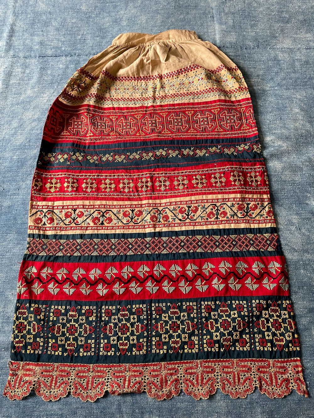 antique embroidered apron cross stitch folk costume textile ukrainian hand made red blue white