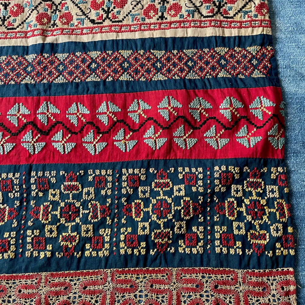antique embroidered apron cross stitch folk costume textile ukrainian hand made red blue white