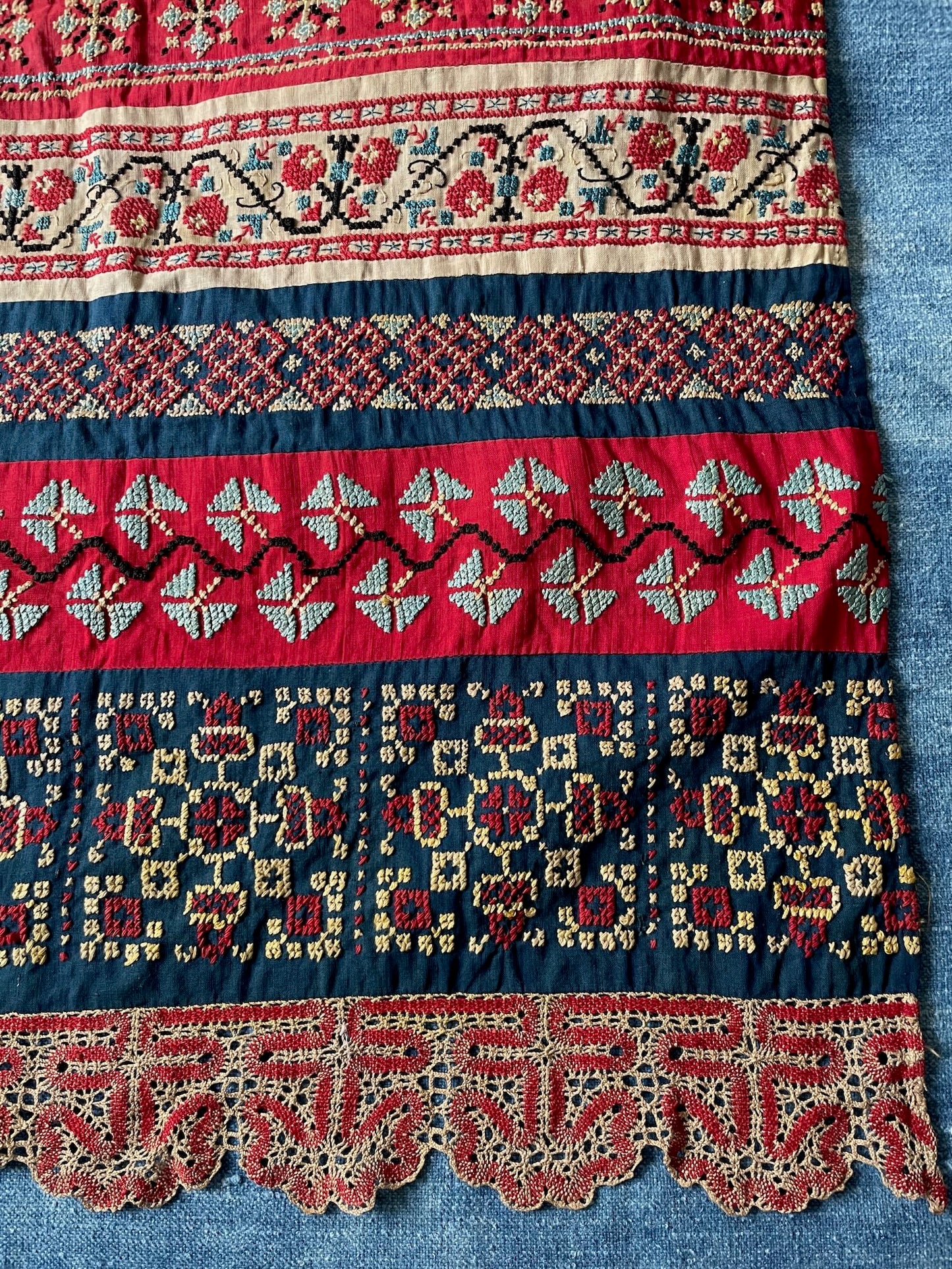 antique embroidered apron cross stitch folk costume textile ukrainian hand made red blue white
