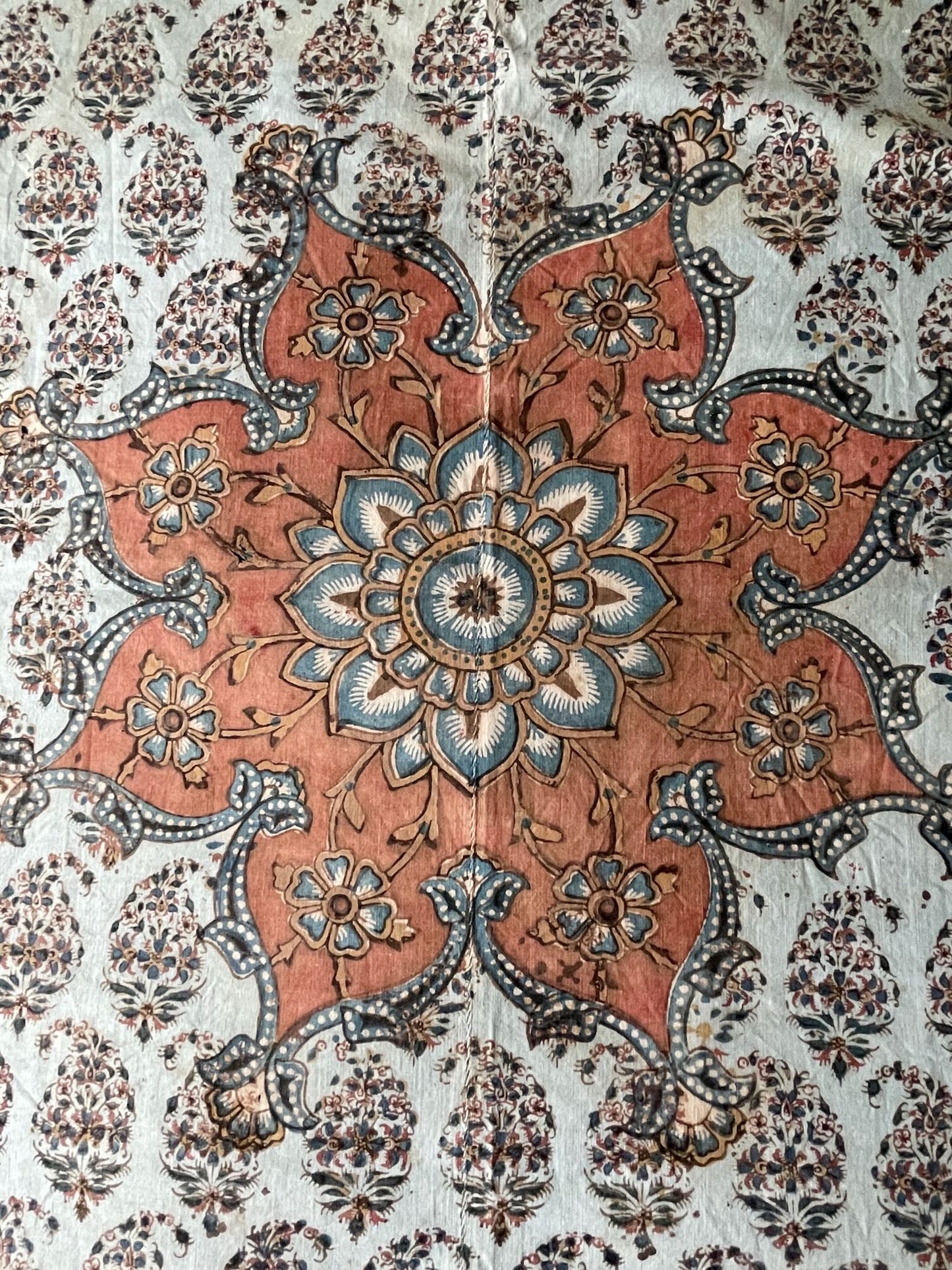 antique indo persian kalamkari blue red madder indigo floral decorative wall panel hanging