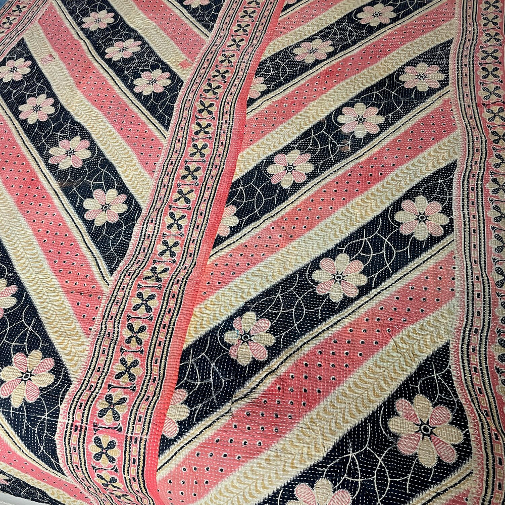 pink black beige gold flowers stripes kantha quilt bed throw sofa bedspread single double washable