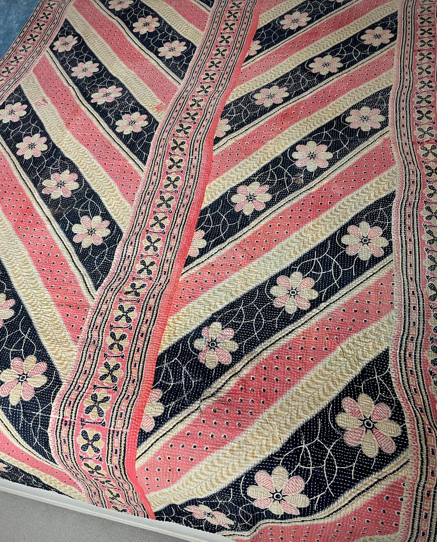 pink black beige gold flowers stripes kantha quilt bed throw sofa bedspread single double washable