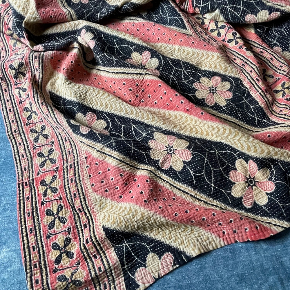 pink black beige gold flowers stripes kantha quilt bed throw sofa bedspread single double washable