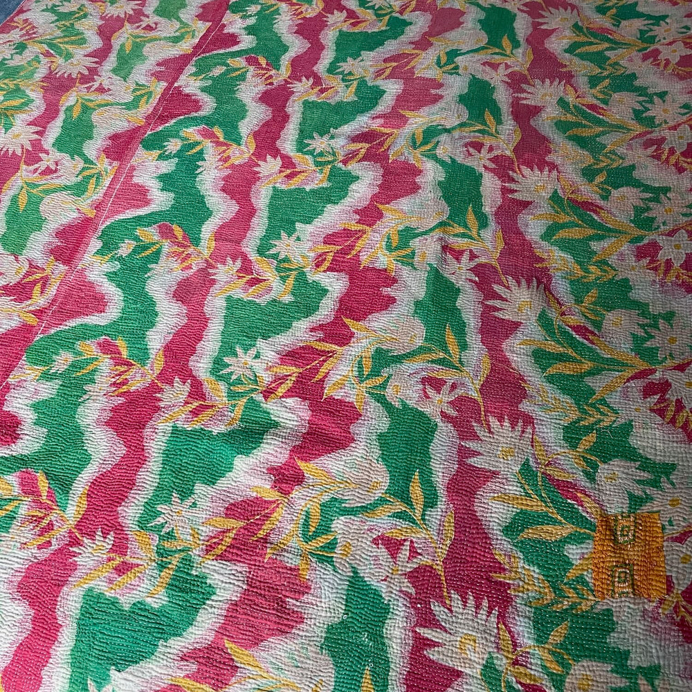 pink green yellow floral patterned bedspread kantha quilt throw sofa comforter washable