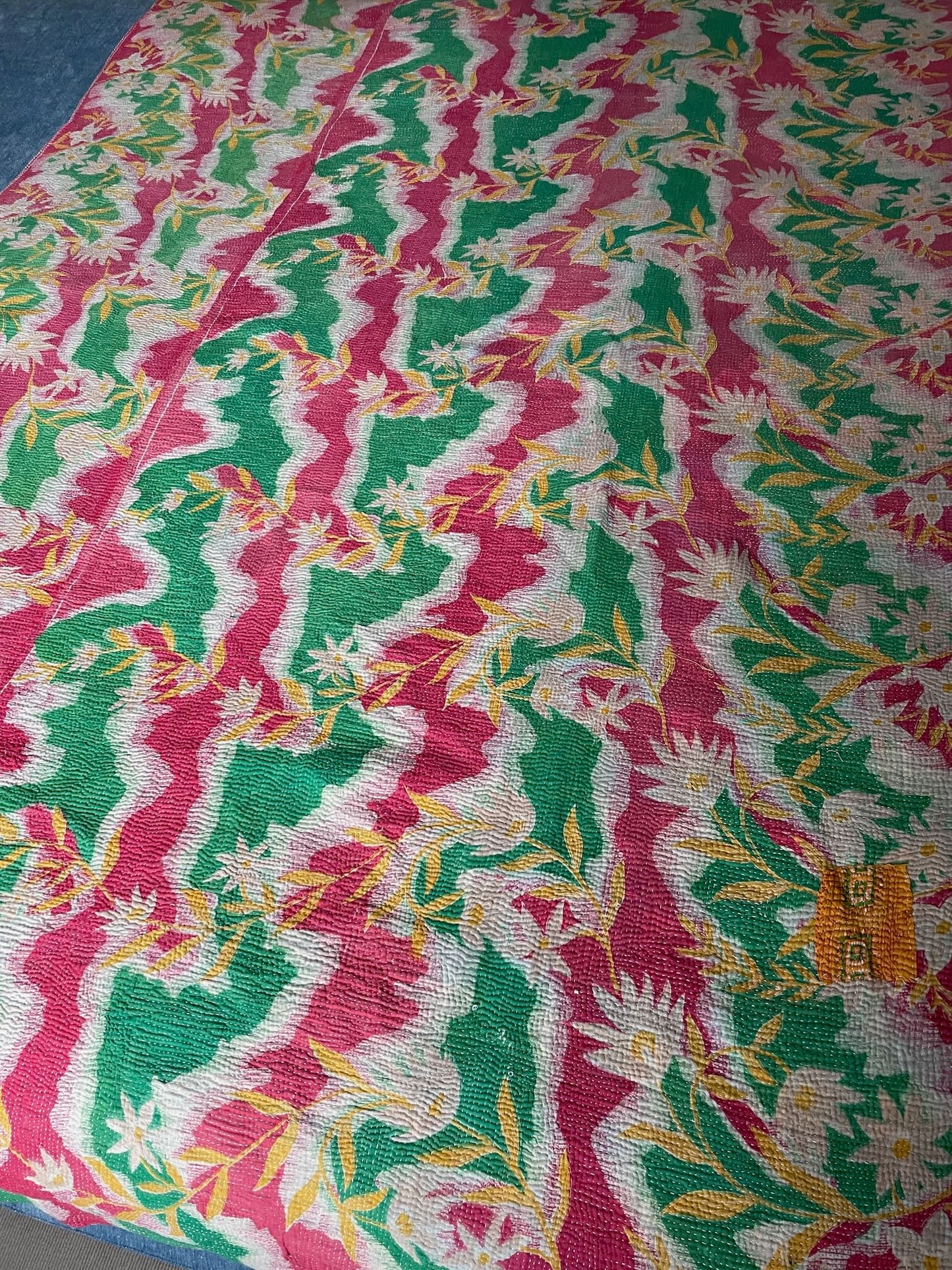 pink green yellow floral patterned bedspread kantha quilt throw sofa comforter washable