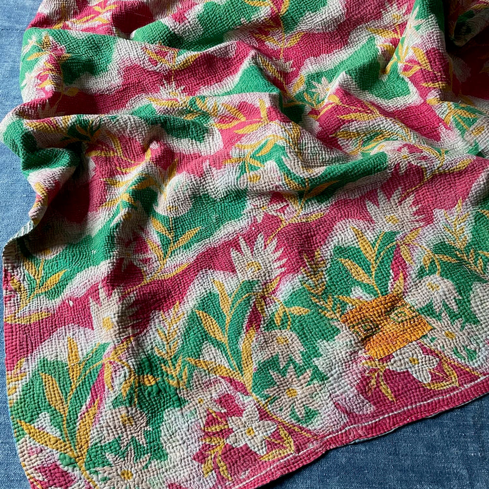 pink green yellow floral patterned bedspread kantha quilt throw sofa comforter washable