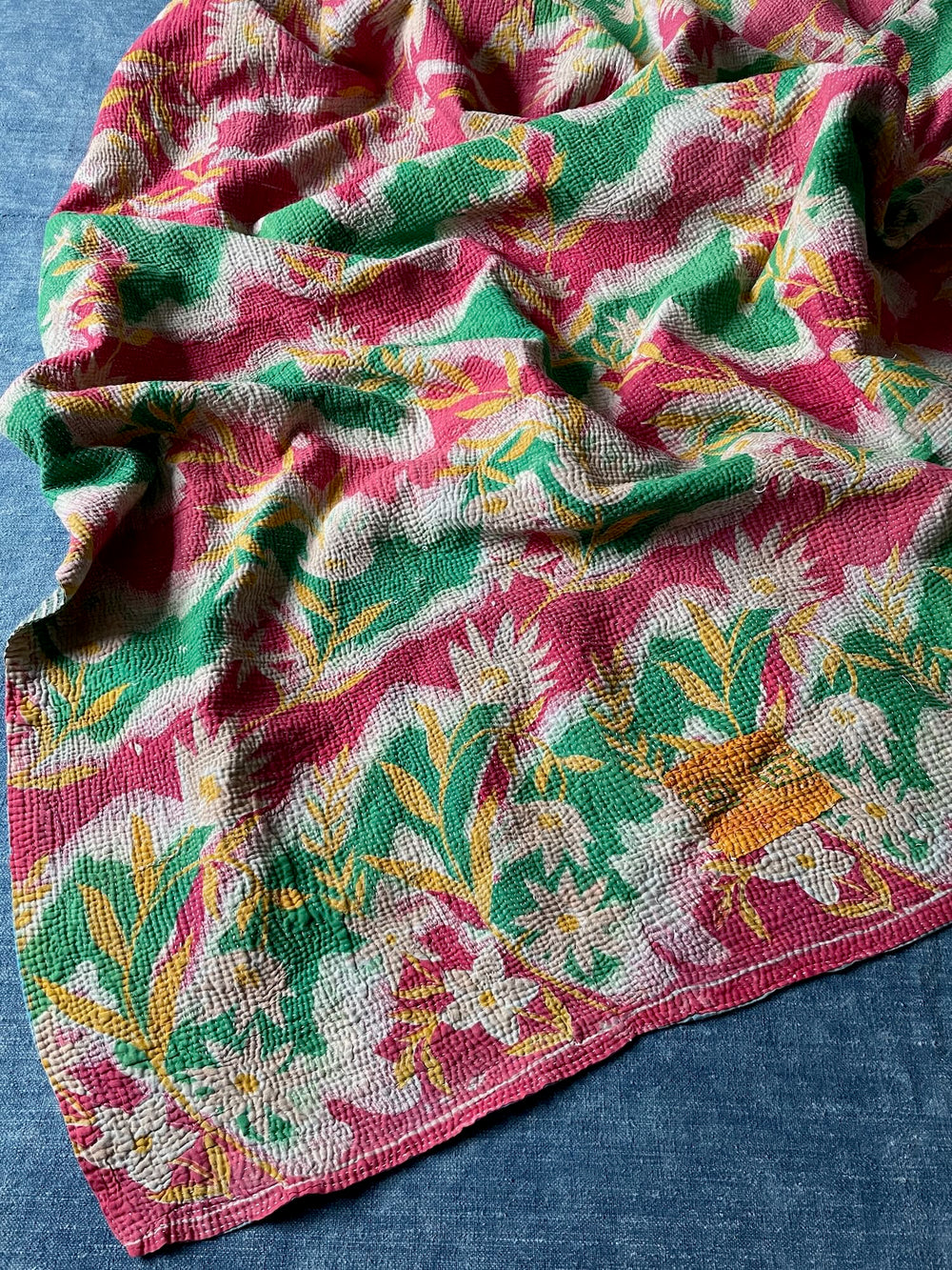 pink green yellow floral patterned bedspread kantha quilt throw sofa comforter washable