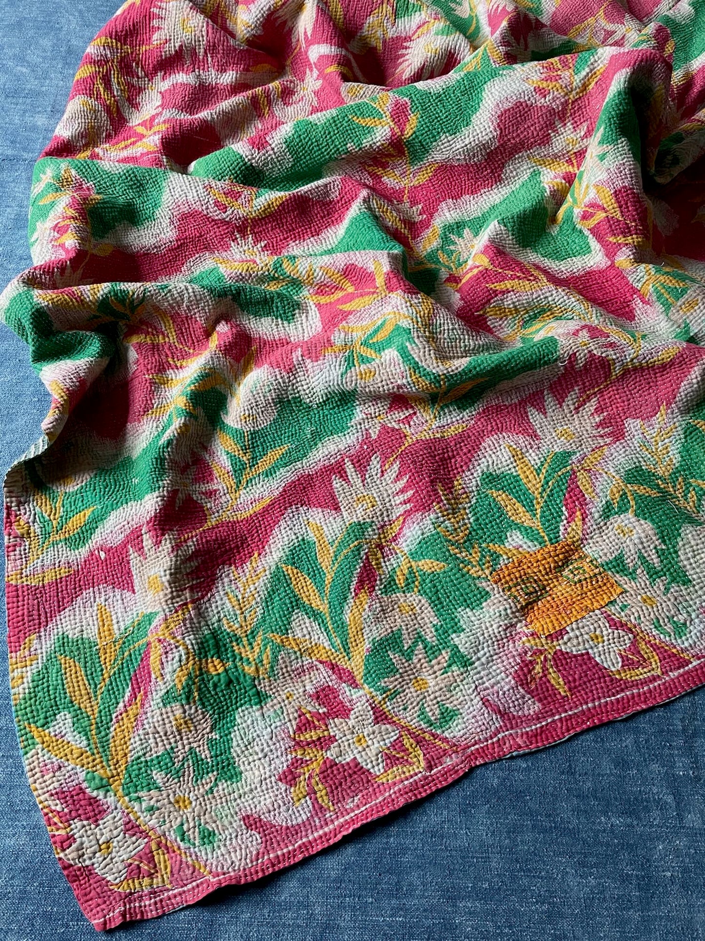 pink green yellow floral patterned bedspread kantha quilt throw sofa comforter washable