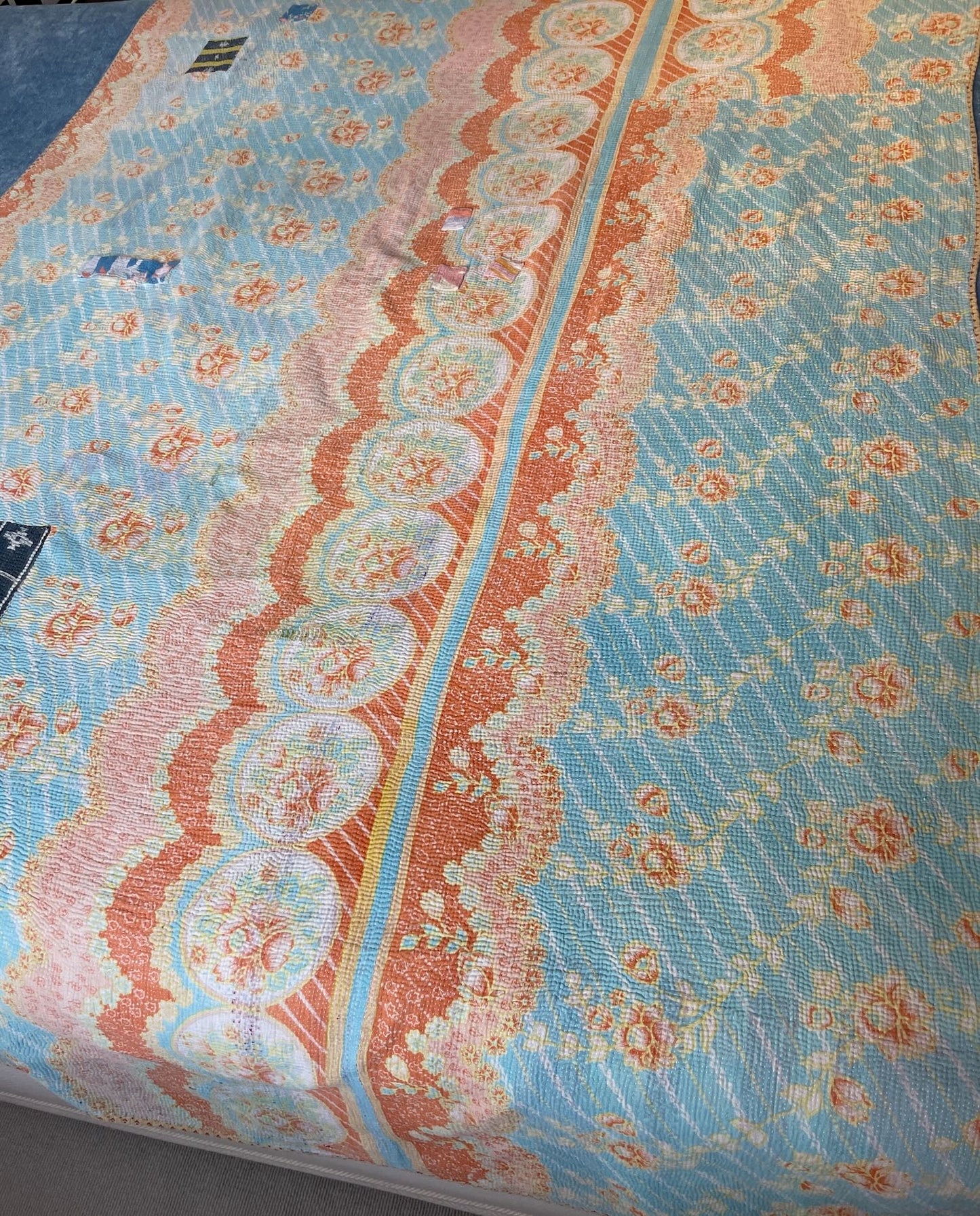 blue apricot orange pale kantha sofa throw quilt bedspread comforter single double washable cotton