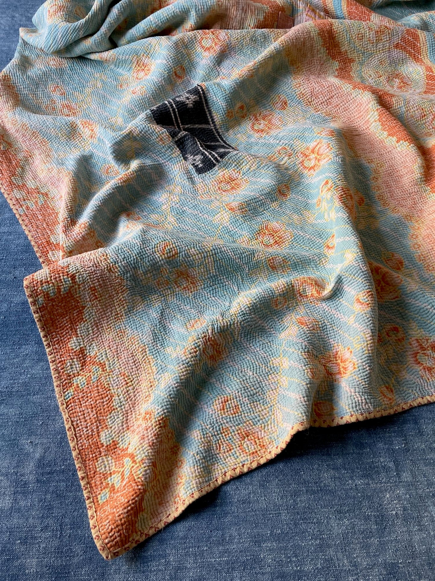 blue apricot orange pale kantha sofa throw quilt bedspread comforter single double washable cotton