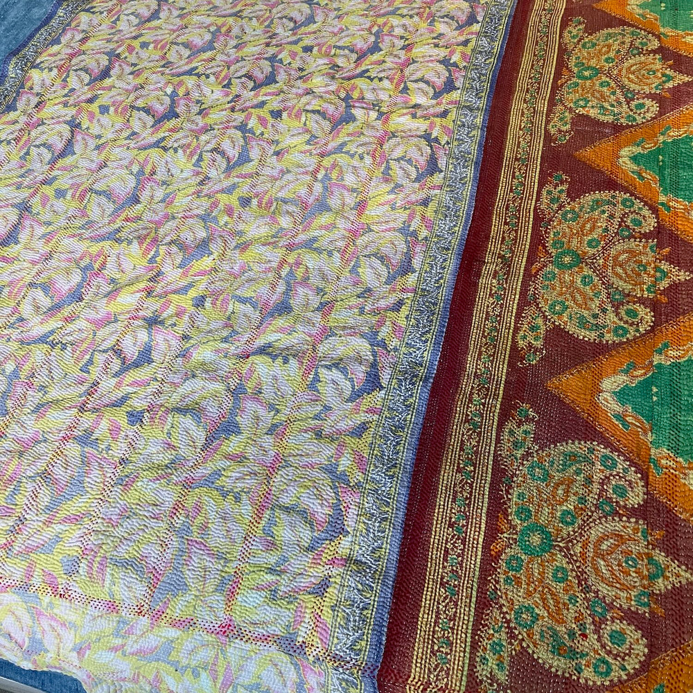 pink blue orange kantha bedspread quilt vintage cotton sari single double comforter washable 
