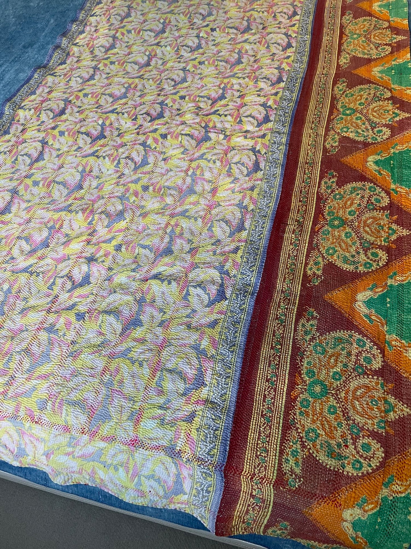 pink blue orange kantha bedspread quilt vintage cotton sari single double comforter washable 