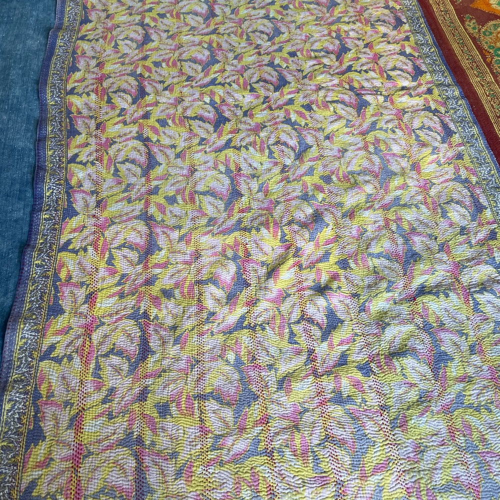 
                  
                    pink blue orange kantha bedspread quilt vintage cotton sari single double comforter washable 
                  
                