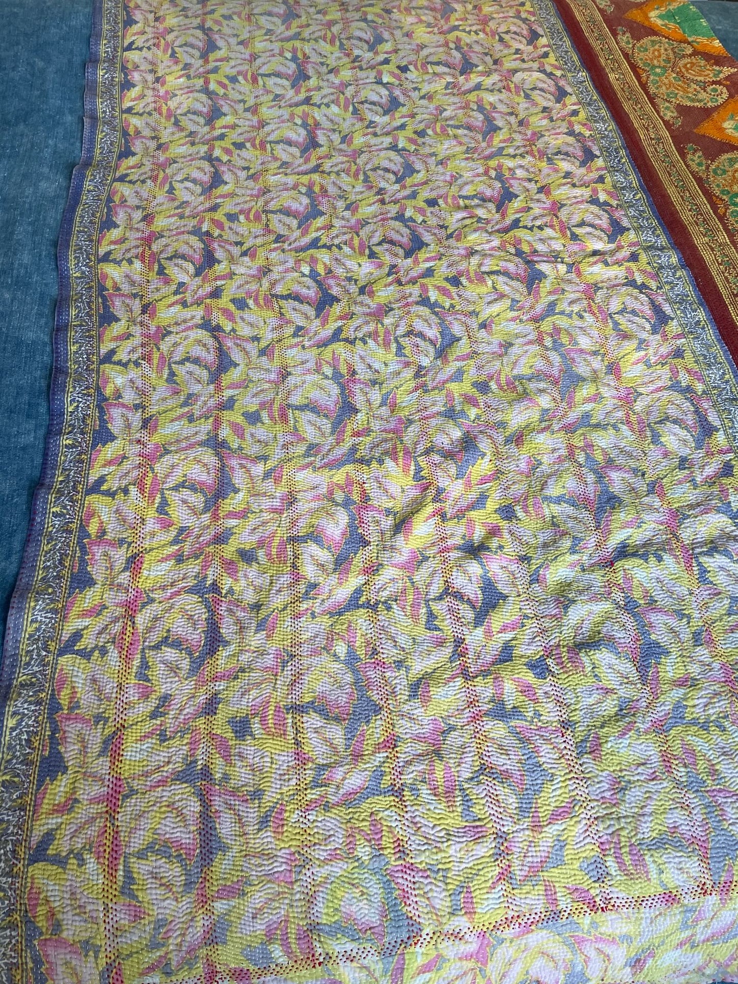 
                  
                    pink blue orange kantha bedspread quilt vintage cotton sari single double comforter washable 
                  
                
