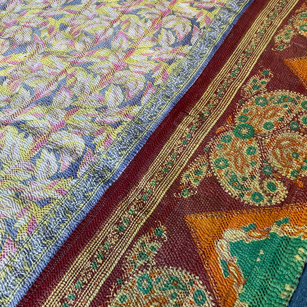 
                  
                    pink blue orange kantha bedspread quilt vintage cotton sari single double comforter washable 
                  
                