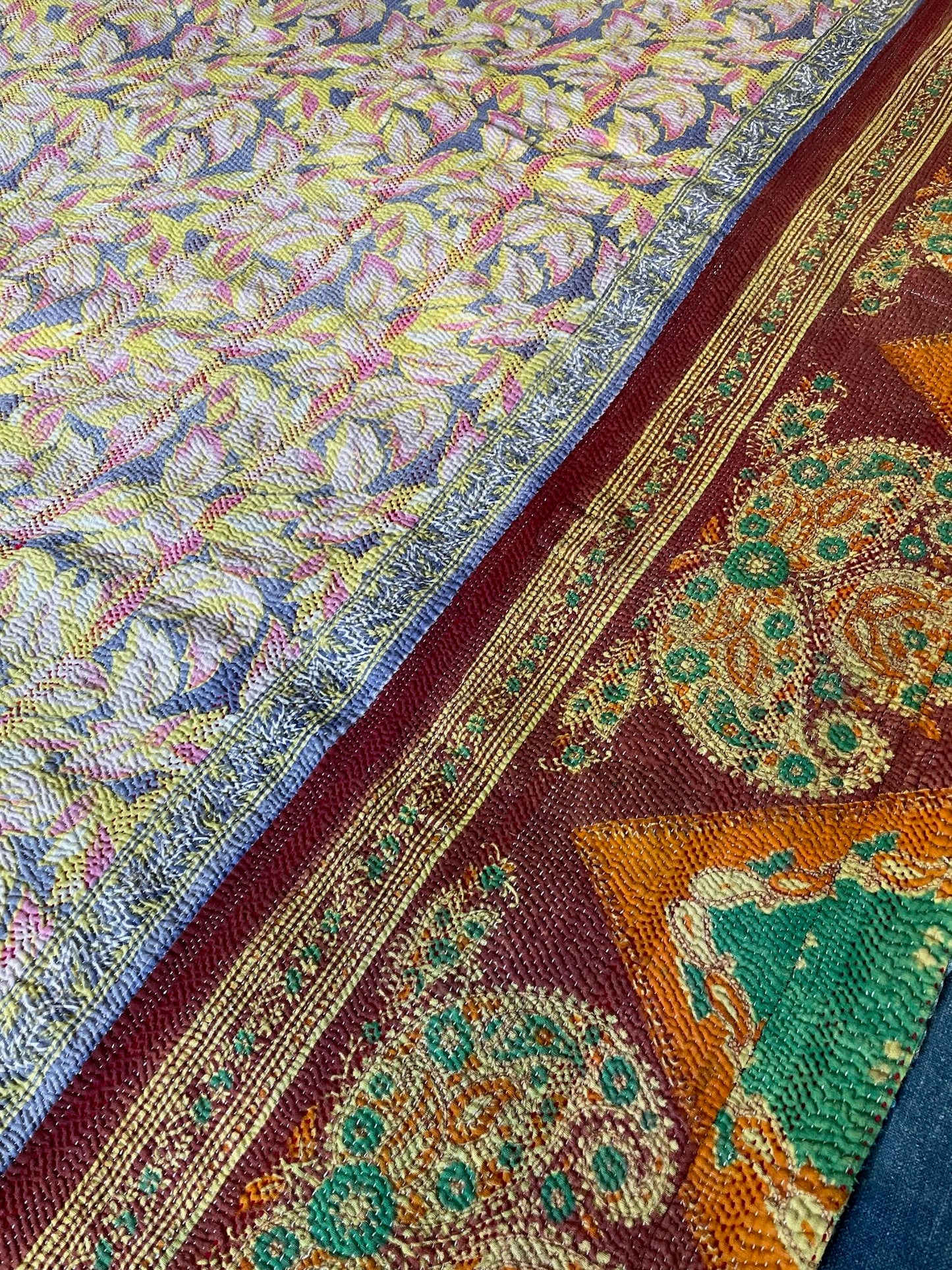 
                  
                    pink blue orange kantha bedspread quilt vintage cotton sari single double comforter washable 
                  
                