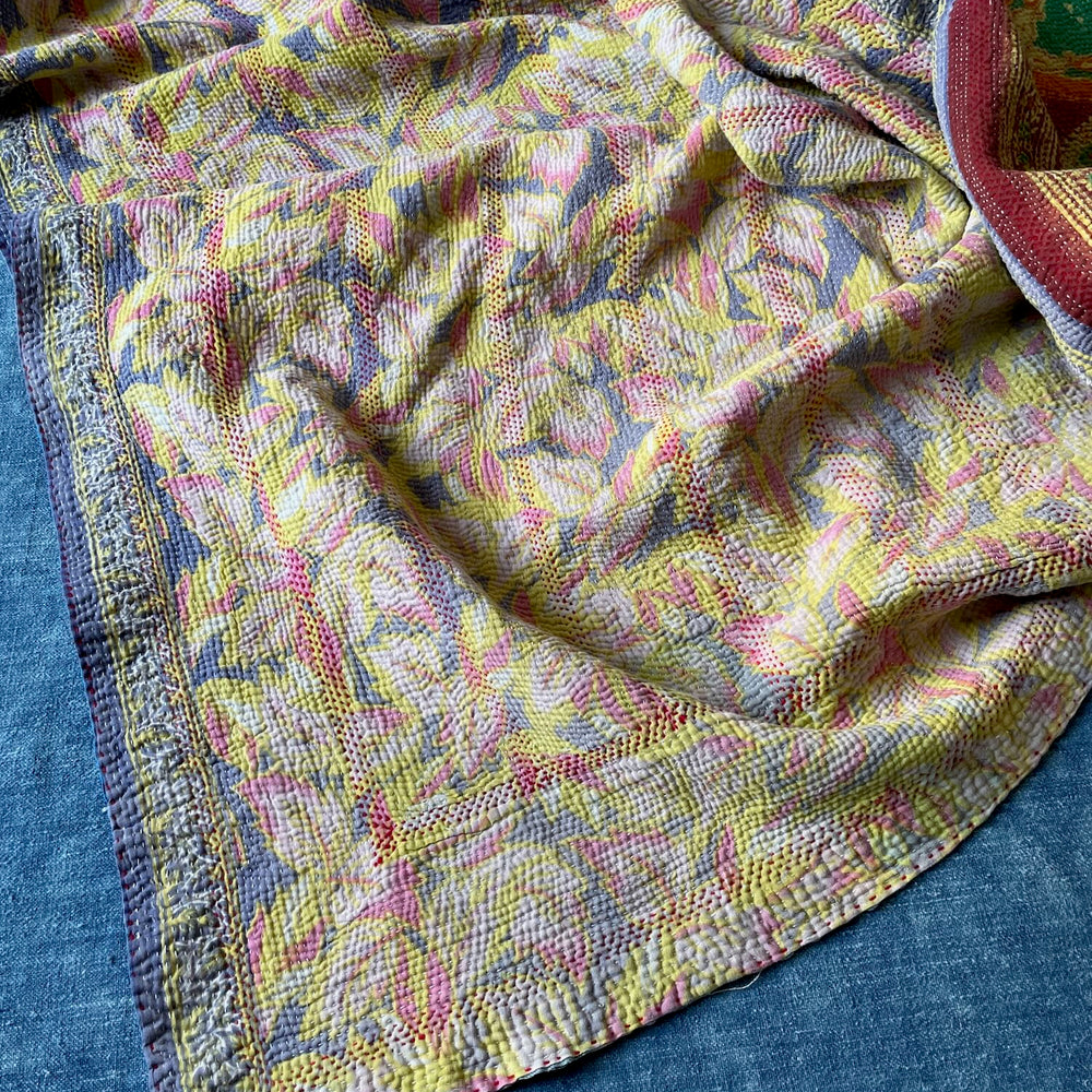 pink blue orange kantha bedspread quilt vintage cotton sari single double comforter washable 