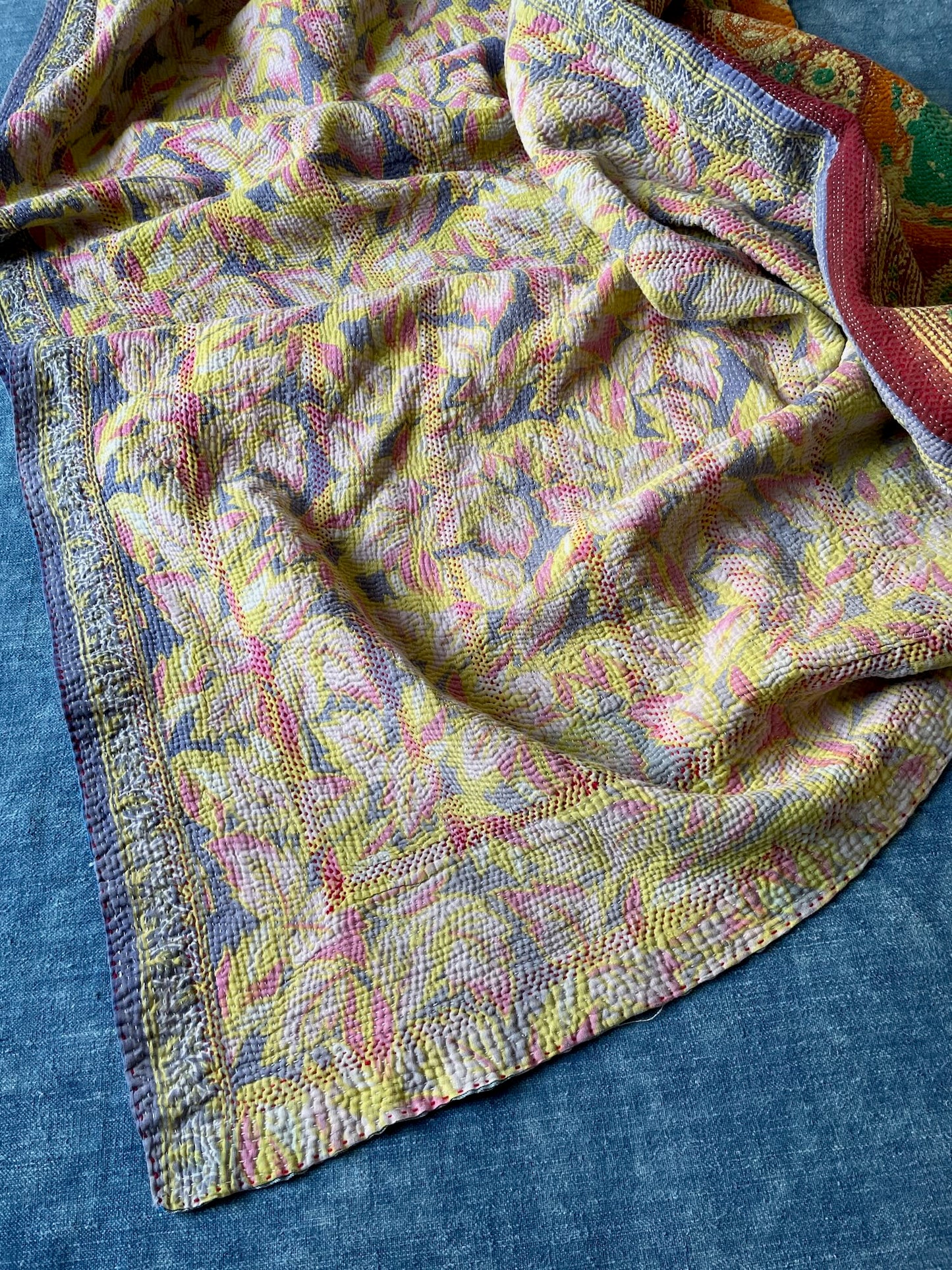 pink blue orange kantha bedspread quilt vintage cotton sari single double comforter washable 