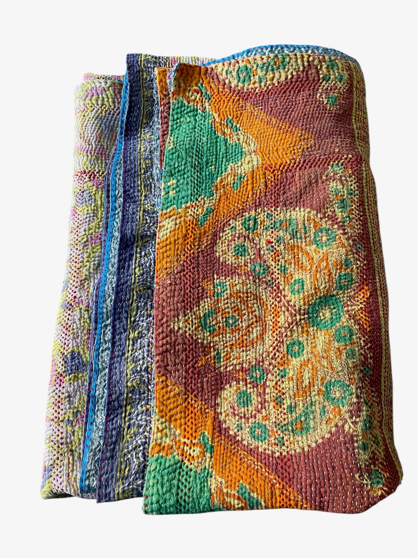 
                  
                    pink blue orange kantha bedspread quilt vintage cotton sari single double comforter washable 
                  
                